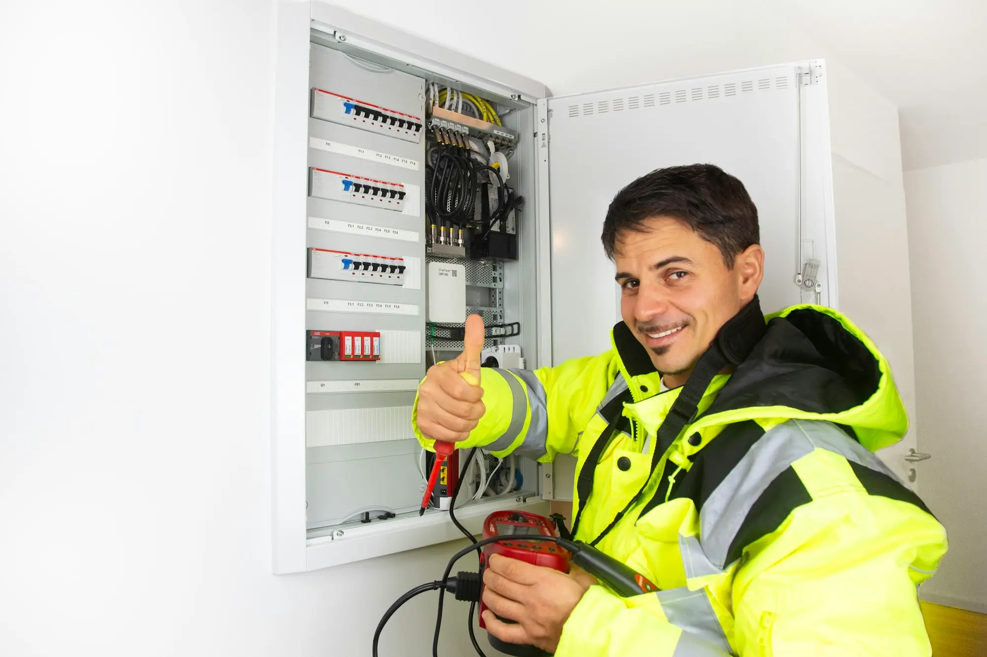 Electrician in hi-vis jacket working at a switchboard on a fit-out job